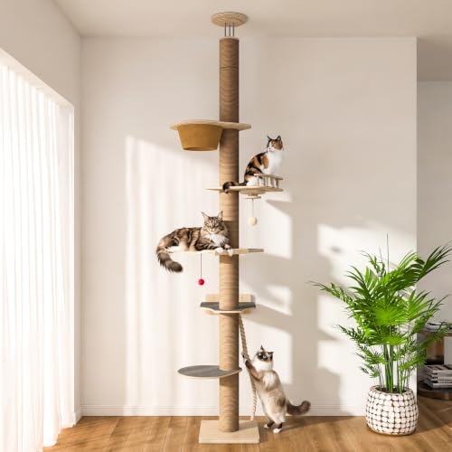 Cat Tree Floor to Ceiling, Adjustable Height 82-120 in, 6-Level Cat Tower with Hammock & Perch, Scratching Post, Stable & Solid Structure and Neutral Color Fit Home Decor