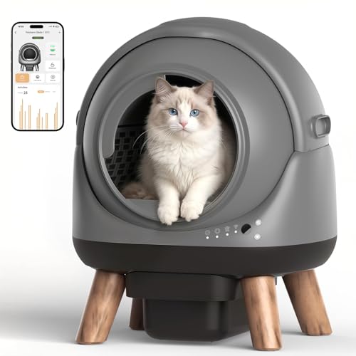 Petcharm Automatic Litter Box, Self Cleaning Cat Litter Box with 6 Safety Sensors, 55L Large Capacity for Cats 2.5-22 lbs, 8L Odor Control Waste Bin with Easy-Clean No-Corner Drum, Child Lock