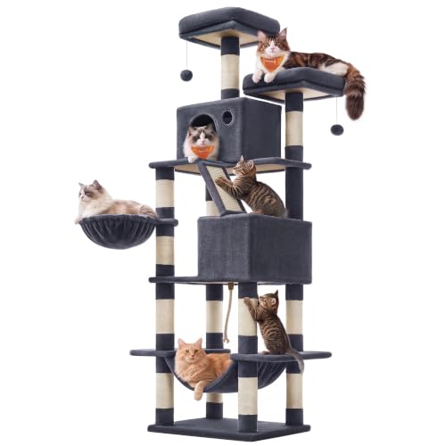 Feandrea Cat Tree, 81.1-Inch Large Cat Tower, Multi-Level Plush Condo with 13 Scratching Posts, 2 Perches, 2 Caves, Basket, Hammock, Pompoms, Smoky Gray UPCT190G01