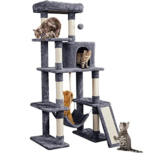 Yaheetech 63in Large Cat Tree for Heavy Cats up to 22lbs, Anti-Wobble Tower with Condo & Hammock, Space-Saving for Indoor Multi-Pet Households, Stops Furniture Scratching