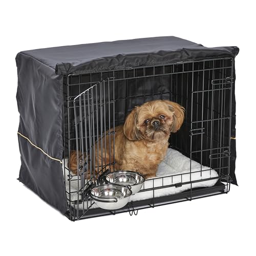MidWest Homes for Pets Double Door iCrate Starter Kit, 24-inch Dog Crate Bundle for Small Breeds, Includes Cage, Pet Bed, 2 Bowls and Privacy Cover