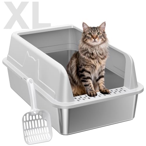 OneBug Stainless Steel XL Cat Litter Box, High Sides, Non Stick Pan with Scoop