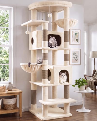 Globlazer Heavy Duty Cat Tree, 74in Sturdy Cat Tower for Large Cats Adult, Big Cat Tree with 7 Sisal Scratching Posts, 2 Padded Condos, 2 Dual-Ear Hanging Baskets, Enlarged Top Perch, S74, Beige