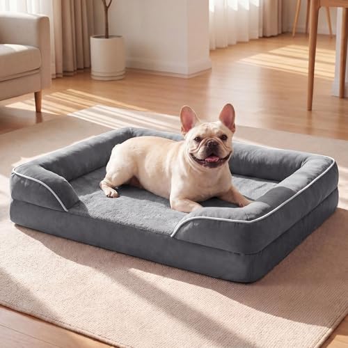 EOBUSKOR Orthopedic Dog Beds for Extra Large Dogs, Heavy Duty Waterproof Dog Couch Bed, High-Density Joint Support Foam, Washable Cover & Anti-Slip Bottom, L Grey