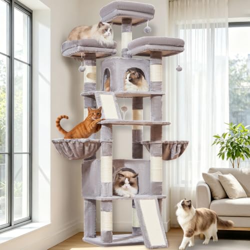Taoqimiao 76.8 Inches Cat Tree for Large Cats, Multi-Level Tall Cat Tree Tower for Indoor Cats with 3 Top Perches, 2 Condos, 2 Cozy Basket, 9 Scratching Posts, 2 Scratch Boards, Light Gray, T20W