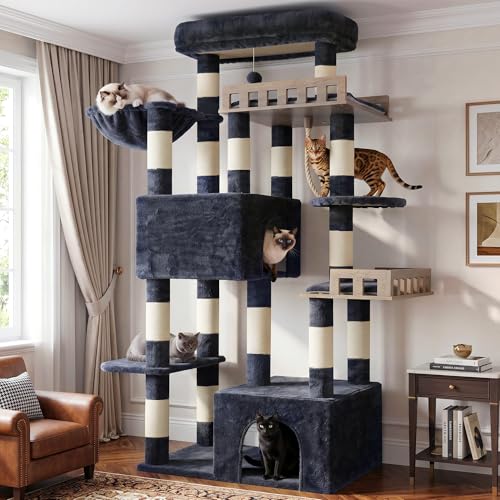 Gitelsnour Maine Coon Cat Tree, Heavy Duty Cat Tree for Indoor Cats Large Adult, Cat Tower for Large Cats 20 lbs+ with Hammock, 2 Big Perches, 2 Cat Condos, 15 Scratching Posts, Smoky Gray GCT033G