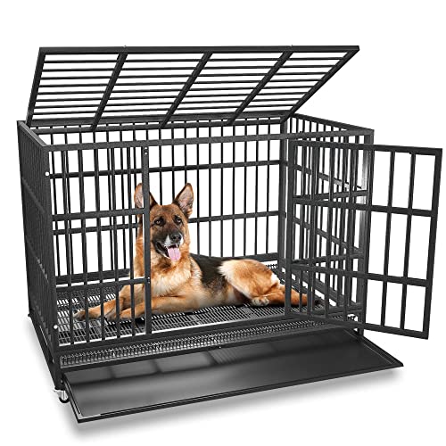 BOLDBONE 48 inch Heavy Duty Indestructible and Escape-Proof Dog Crate Cage Kennel for Large Dogs, High Anxiety Dog Crate with Removable Wire Trays and Wheels, Extra Large XL XXL, Black