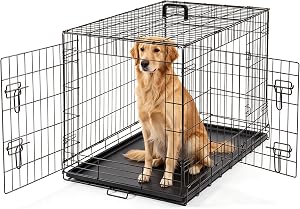 DUMOS Dog Crate, 36 Inch Medium Double Door Dog Cage with Plastic Leak-Proof Pan Tray, Han